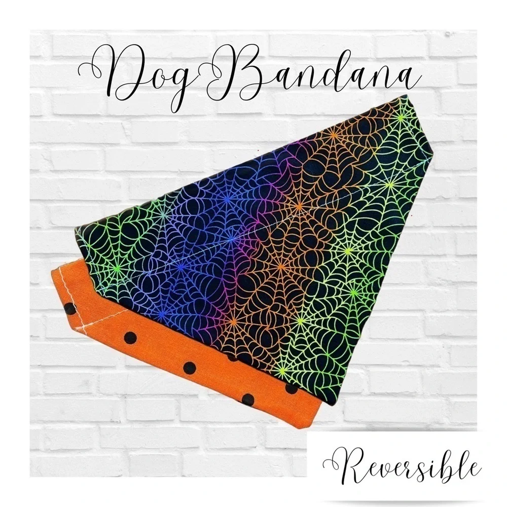 Halloween Spider Webs Handmade Reversible Over Collar Dog Bandana XS SM M La…